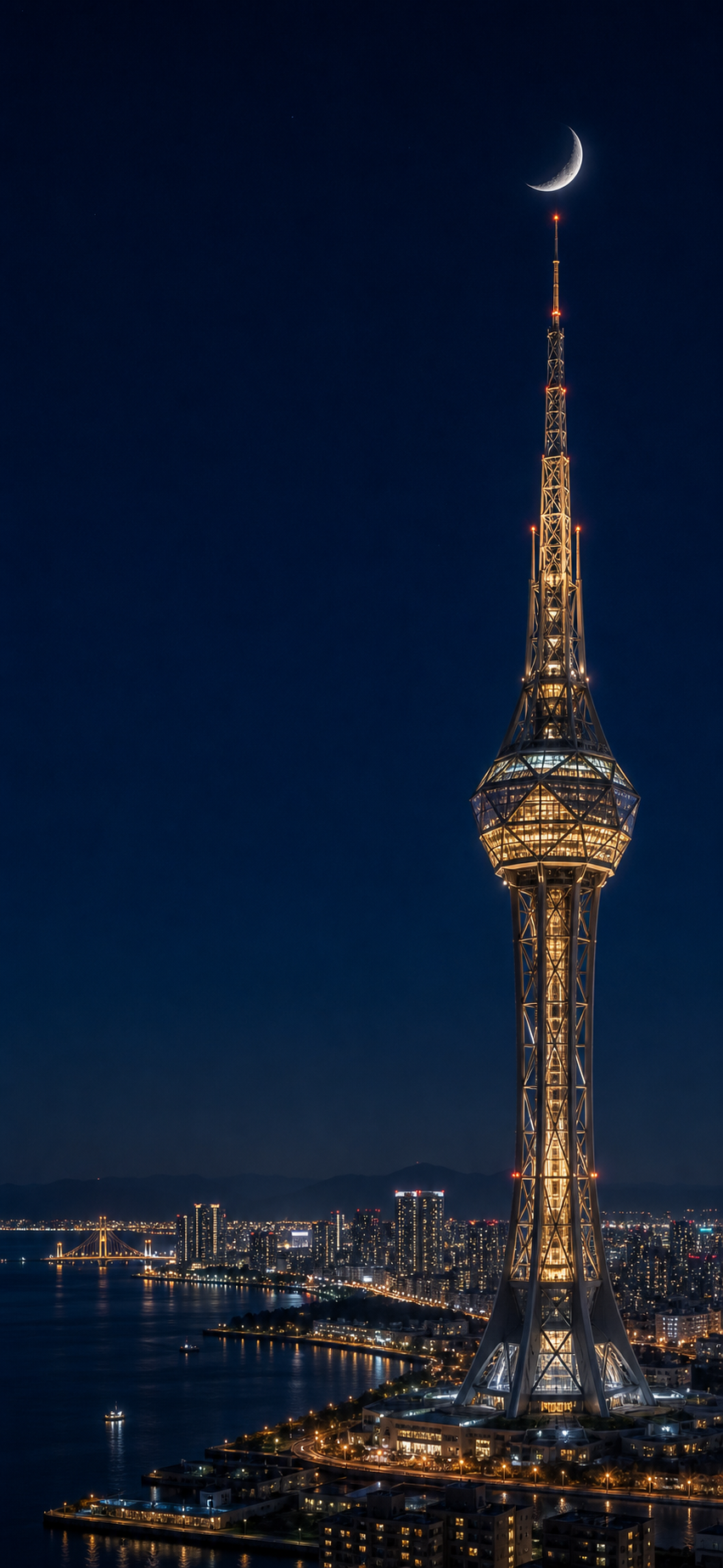 塔の上に細い月がかかる夜景